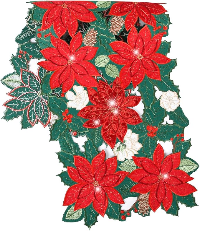 Christmas Table Runner 90 Inches Red Flower Poinsettia Velvet Short Embroidered Floral Xmas Decoration Festive Holiday Pine Cones Green Cutwork Dining Table Decor