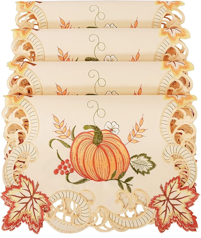 Simhomsen Embroidered Thanksgiving Harvest Pumpkins Table Runners for Autumn or Fall Decorations (13× 19 Inch Set of 6)