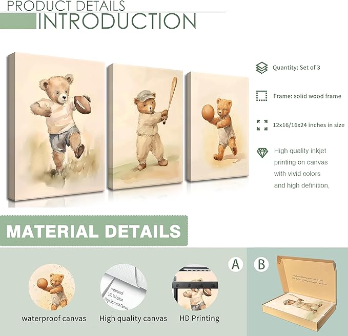 Bear Rugby Sports Nursery Canvas Wall Art Set of 3 - Cute Vintage Baby Bear Pictures Paintings Poster Prints, Nursery Animal Wall Decor for Children Bedroom Boy Room Decoration 12x16 inch Framed