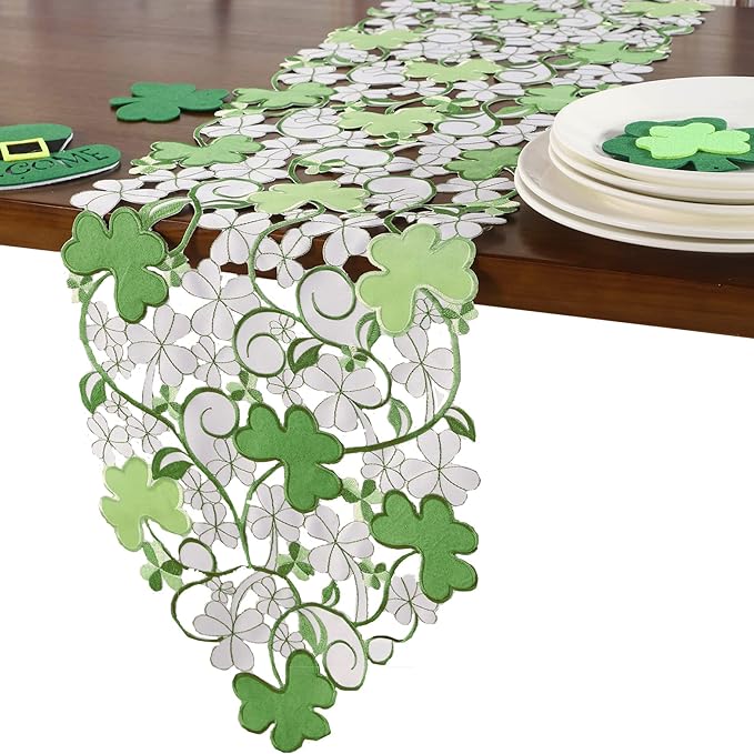St. Patrick's Day Spring Table Runner ,Applique Embroidered Cutwork Clover Design, Home Kitchen Dining Tabletop Decoration, Runner 13"×54", Green