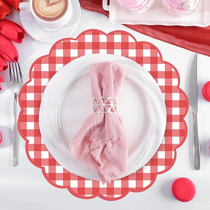 60 Pcs Red and White Gingham Paper Placemats,13.5 Inch Scalloped Checkered Place Mats Disposable Picnic Placemats Decorative Paper for Table Setting BBQ Baby Shower Wedding Bridal Banquet Tea Party