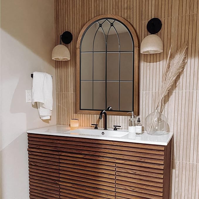 blue page 36x24 Inch Arched Wall Mirror, Rustic Wood Framed Farmhouse Mirror with Window Pane Design for Entryway, Bathroom and Living Room Decor, Window Brown