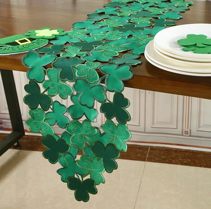 St. Patrick's Day Table Runner 13"×54" ,Applique Embroidered Cutwork Clover Design for Home Kitchen Dining Spring Holiday Tabletop Decoration