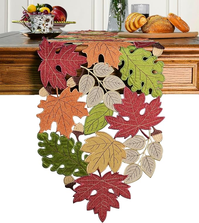 Fall Table Runner 120inches Long, Thanksgiving Harvest Cutwork Embroidered Table Runner 13in x 120in, Autumn Maple Leaves Table Decoration for Home Dining Kitchen Table
