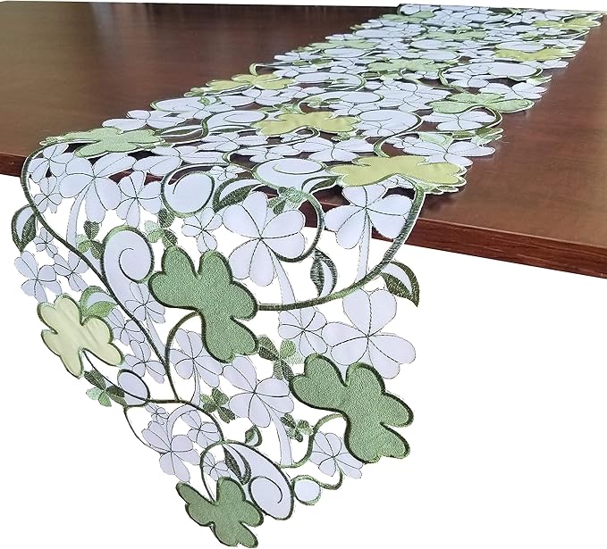 St. Patrick's Day Spring Table Runner ,Applique Embroidered Cutwork Clover Design, Home Kitchen Dining Tabletop Decoration, (Runner 13"×68"（33x172cm）, Green)