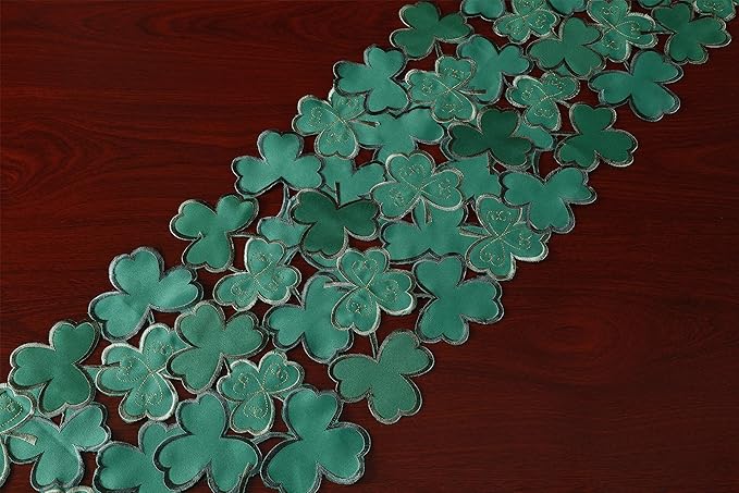 St. Patrick's Day Table Runner 13"×54" ,Applique Embroidered Cutwork Clover Design for Home Kitchen Dining Spring Holiday Tabletop Decoration