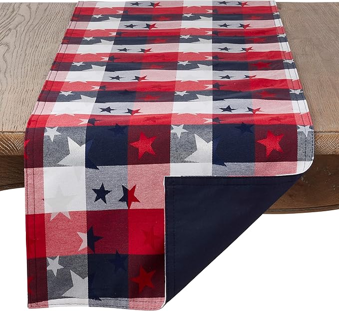 Red White and Blue Checkered with Stars Cotton/Polyester Blend Patriotic Table Runner, 16"x 90" Rectangular - (1 Piece).