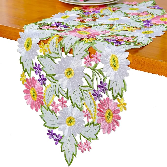 AMARED Spring Daisy Table Runners Embroidered Flowery Table Linen for Home Decoration 13 X 34 Inch