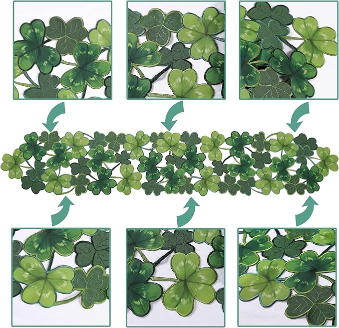 OWENIE Embroidered St. Patrick's Day Table Runner, Small Spring Green Table Runner 70 Inches Long , Cutwork Green Irish Clover Shamrock St Patricks Day Decorations(13 x 70 Inches )
