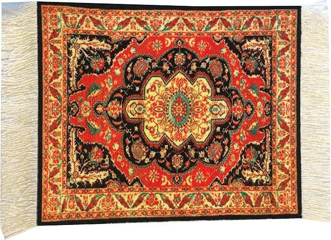 Turkish Rug Coasters Set of 4 – Carpet-Style Drink mats with Fringe, Non-Slip Backing, Decorative Home Accent | Dining Accessory