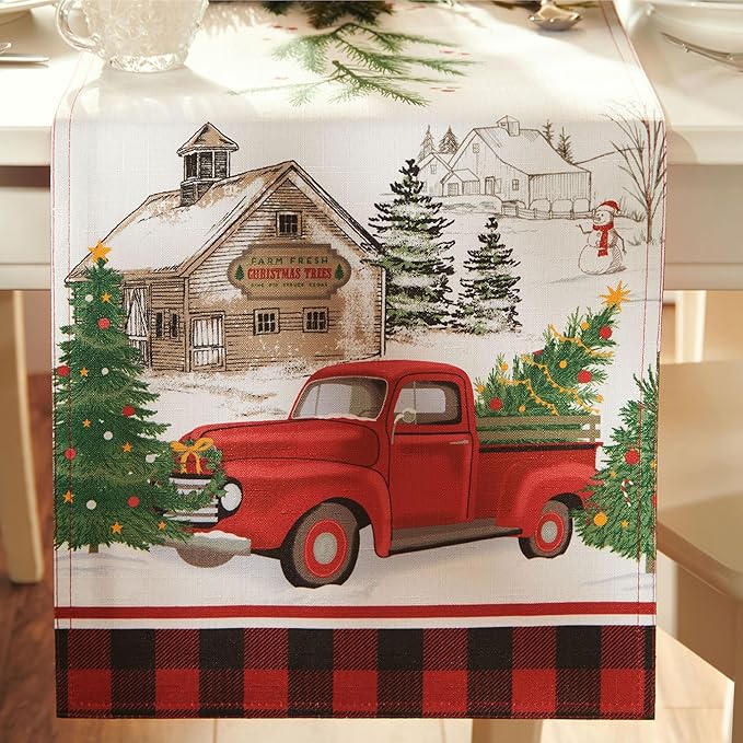 Elrene Home Fashions Vintage Christmas Tree Farm Table Runner, 13"x70", Multicolor