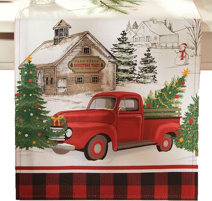 Elrene Home Fashions Vintage Christmas Tree Farm Table Runner, 13"x70", Multicolor