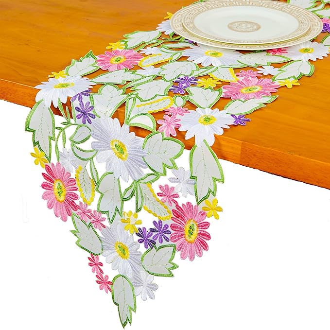 AMARED Spring Daisy Table Runners Embroidered Flowery Applique Floral Cutwork Table Linen for Home Decoration (13 X 69 Inch)