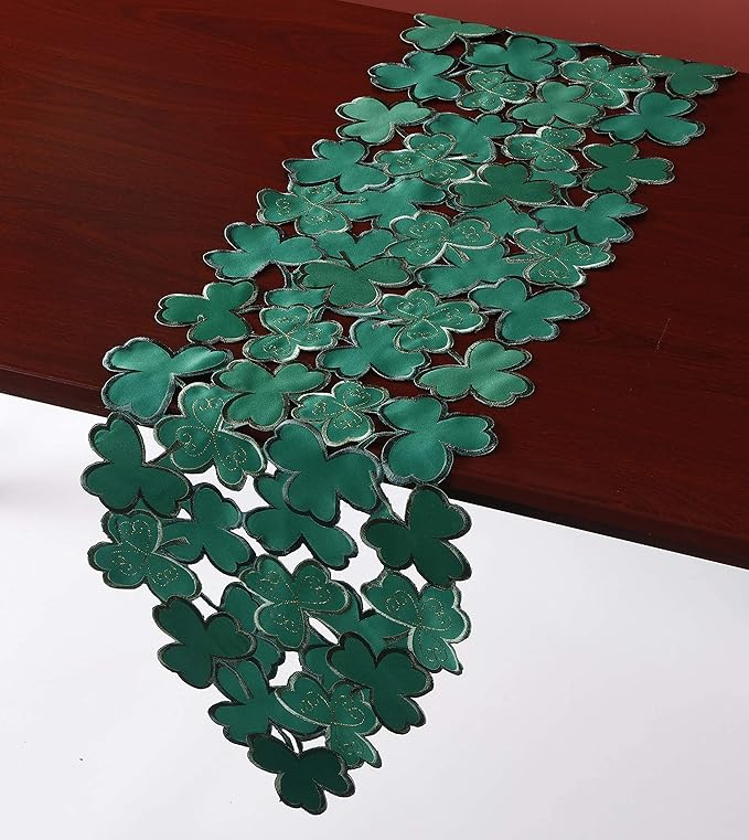 St. Patrick's Day Table Runner 13"×54" ,Applique Embroidered Cutwork Clover Design for Home Kitchen Dining Spring Holiday Tabletop Decoration