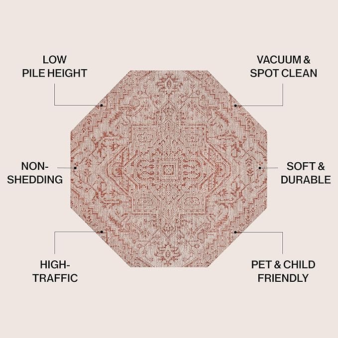 JONATHAN Y Boho Medallion Indoor Outdoor Octagon Area Rug 5 Ft Red/Taupe, Estrella Textured Weave for Backyard, Patio, Porch, Easy-Cleaning, High Traffic, Pet-Friendly, Non-Shedding (SMB105A-5TGN)