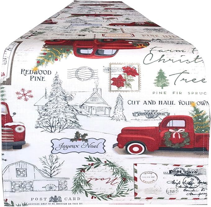 Newbridge Christmas Pine Hill Tree Farm Truck 72 Inch Long Table Runner, Nostalgic Retro Holiday Country Farm Truck No Iron and Stain Resistant Table Runner for Party, Banquet and Buffet