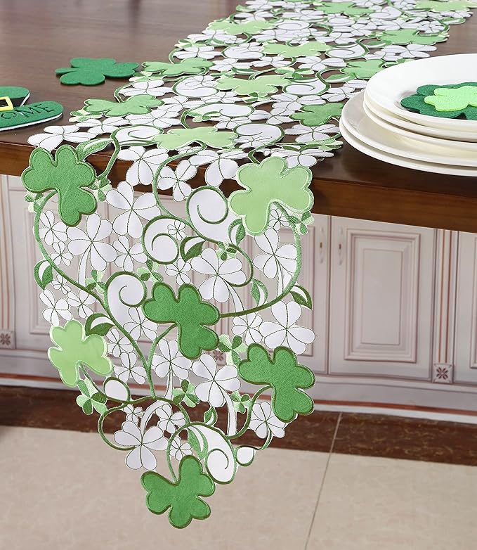 St. Patrick's Day Spring Table Runner ,Applique Embroidered Cutwork Clover Design, Home Kitchen Dining Tabletop Decoration, (Runner 13"×68"（33x172cm）, Green)