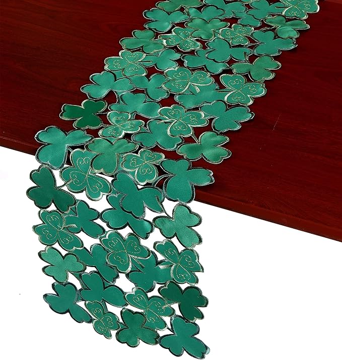 St. Patrick's Day Table Runner 13"x68" ,Applique Embroidered Cutwork Clover Design, Home Kitchen Dining Spring Holiday Tabletop Decoration