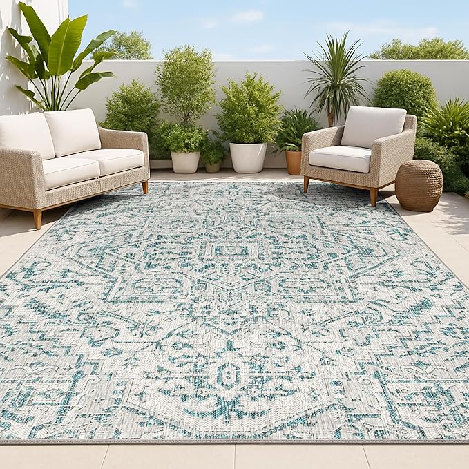 JONATHAN Y Boho Medallion Indoor Outdoor Area Rug 9X12 Teal/Gray, Estrella Textured Weave for Backyard, Patio, Porch, Easy-Cleaning, High Traffic, Pet-Friendly, Non-Shedding (SMB105C-9)