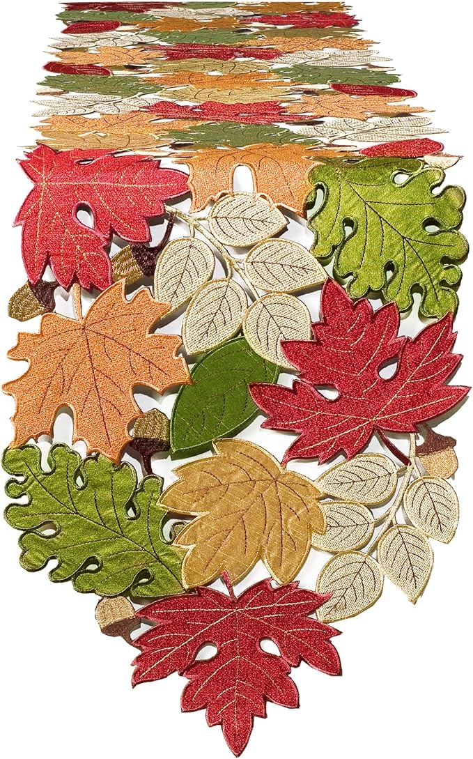 KEVA Fall Table Runner 90inches Long, Thanksgiving Harvest Cutwork Embroidered Table Runner 13in x 90in, Autumn Maple Leaves Table Decoration for Home Dining Kitchen Table