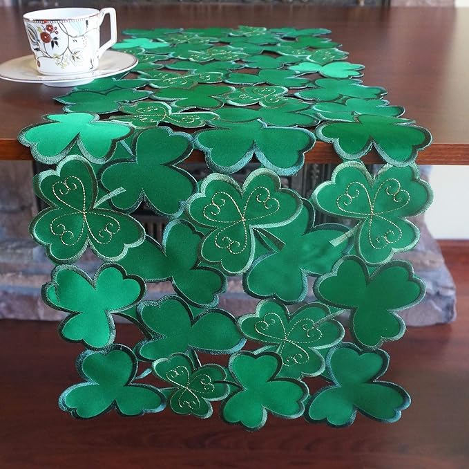 GRANDDECO St. Patrick's Day Table Runner,Applique Embroidered Cutwork Clover Dresser Scarf for Home Kitchen Dining Spring Holiday Tabletop Decoration, Green,Runner 13"×34"