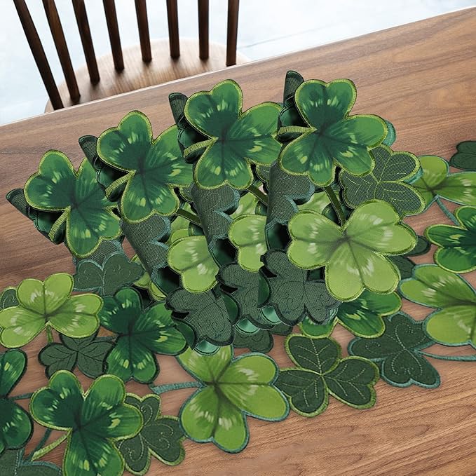 OWENIE Embroidered St. Patrick's Day Table Runner, Small Spring Green Table Runner 70 Inches Long , Cutwork Green Irish Clover Shamrock St Patricks Day Decorations(13 x 70 Inches )