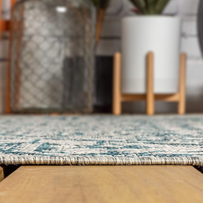 JONATHAN Y Boho Medallion Indoor Outdoor Square Area Rug 4X4 Teal/Gray, Estrella Textured Weave for Backyard, Patio, Porch, Easy-Cleaning, High Traffic, Pet-Friendly, Non-Shedding (SMB105C-4SQ)