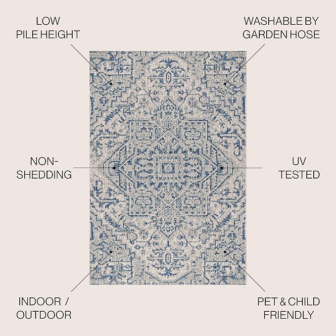 JONATHAN Y Boho Medallion Indoor Outdoor Square Area Rug 3X3 Navy/Gray, Estrella Textured Weave for Backyard, Patio, Porch, Easy-Cleaning, High Traffic, Pet-Friendly, Non-Shedding (SMB105B-3SQ)