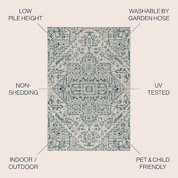 JONATHAN Y Boho Medallion Indoor Outdoor Square Area Rug 4X4 Teal/Gray, Estrella Textured Weave for Backyard, Patio, Porch, Easy-Cleaning, High Traffic, Pet-Friendly, Non-Shedding (SMB105C-4SQ)