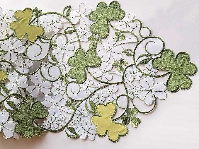 St. Patrick's Day Spring Table Runner ,Applique Embroidered Cutwork Clover Design, Home Kitchen Dining Tabletop Decoration, (Runner 13"×68"（33x172cm）, Green)
