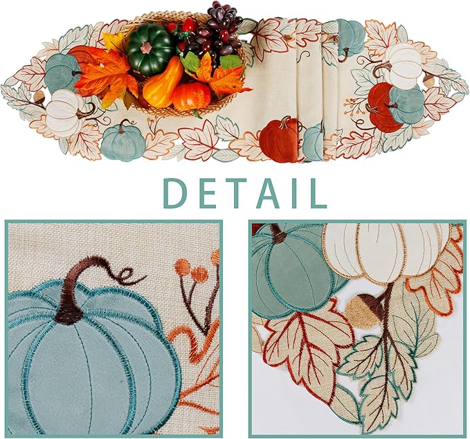 OWENIE Thanksgiving Table Runner, Fall Pumpkins Table Decor, Embroidered Harvest Pumpkin Farmhouse Placemat for Dining Table, Fall Decor for Home, Halloween Table Decorations