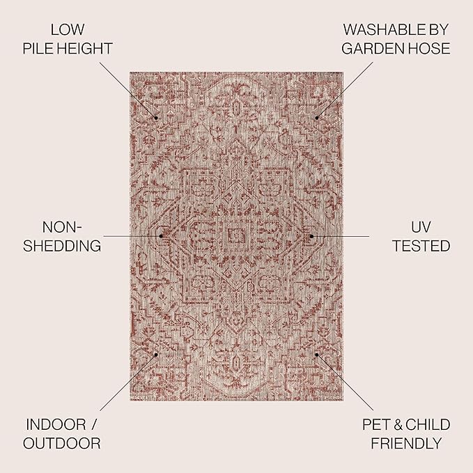JONATHAN Y Boho Medallion Indoor Outdoor Round Area Rug 8 Ft Red/Taupe, Estrella Textured Weave for Backyard, Patio, Porch, Easy-Cleaning, High Traffic, Pet-Friendly, Non-Shedding (SMB105A-8R)