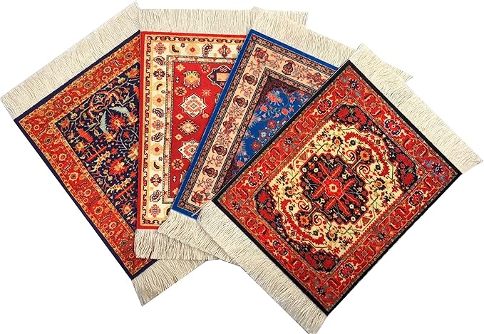 Turkish Carpet Coasters Set of 4 – mini Non-Slip Drink mats with Fringe, Protective and Decorative for Home or Office | Dining Accessory