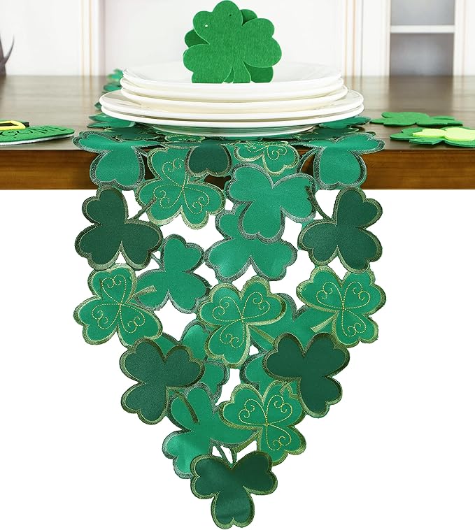 St. Patrick's Day Table Runner 13"×54" ,Applique Embroidered Cutwork Clover Design for Home Kitchen Dining Spring Holiday Tabletop Decoration