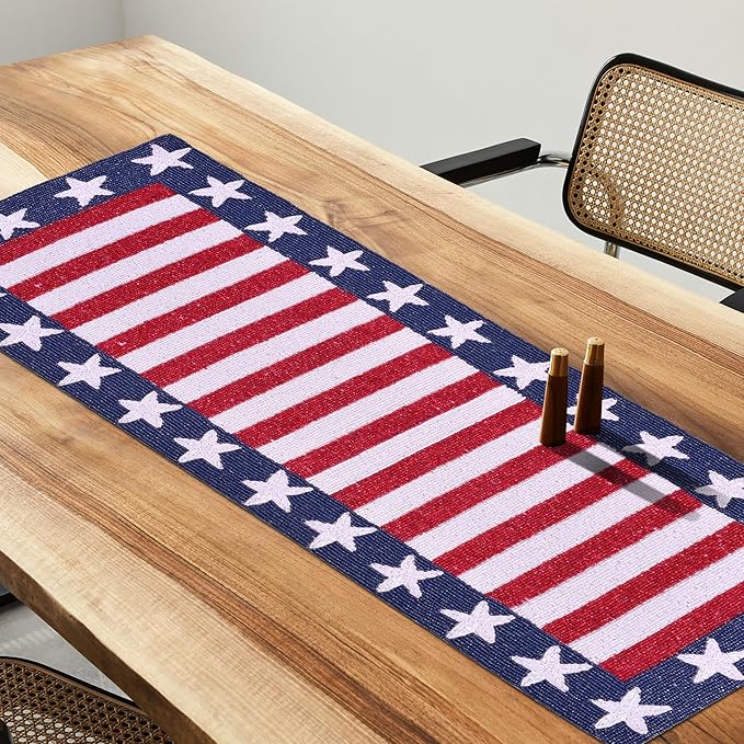 Decozen Patriotic Table Runner - 4th of July American Flag Freedom Stars Independence and Memorial Day for Holiday Kitchen Dining Table Home Decor - 13x35 Inches