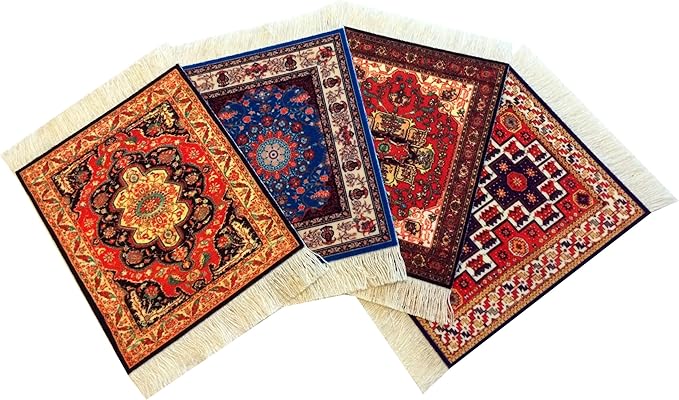 Turkish Rug Coasters Set of 4 – Carpet-Style Drink mats with Fringe, Non-Slip Backing, Decorative Home Accent | Dining Accessory