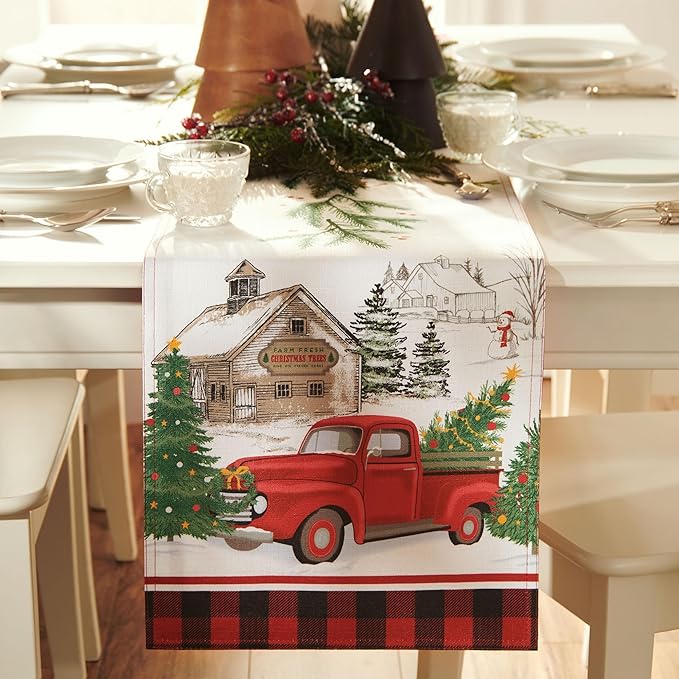 Elrene Home Fashions Vintage Christmas Tree Farm Table Runner, 13"x70", Multicolor
