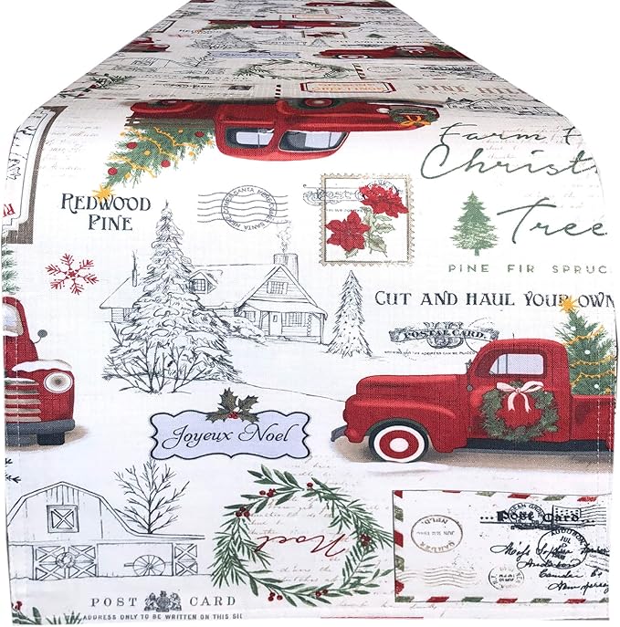 Newbridge Christmas Pine Hill Tree Farm Truck 72 Inch Long Table Runner, Nostalgic Retro Holiday Country Farm Truck No Iron and Stain Resistant Table Runner for Party, Banquet and Buffet