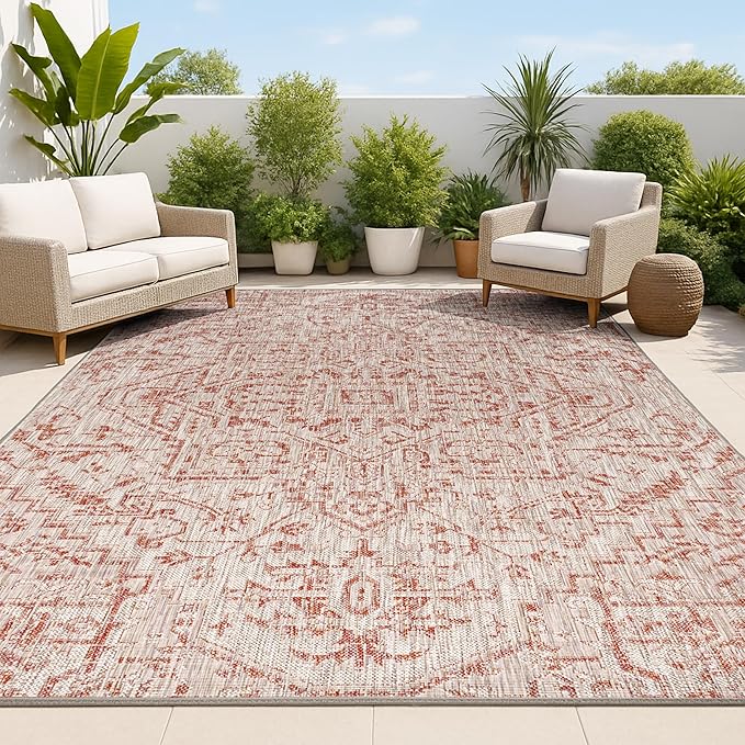 JONATHAN Y Boho Medallion Indoor Outdoor Area Rug 10X14 Red/Taupe, Estrella Textured Weave for Backyard, Patio, Porch, Easy-Cleaning, High Traffic, Pet-Friendly, Non-Shedding (SMB105A-14)