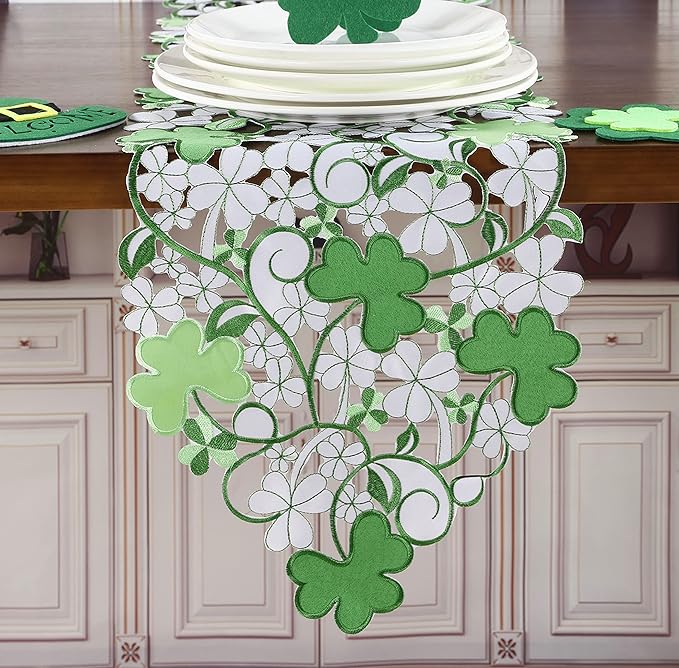 St. Patrick's Day Spring Table Runner ,Applique Embroidered Cutwork Clover Design, Home Kitchen Dining Tabletop Decoration, (Runner 13"×68"（33x172cm）, Green)