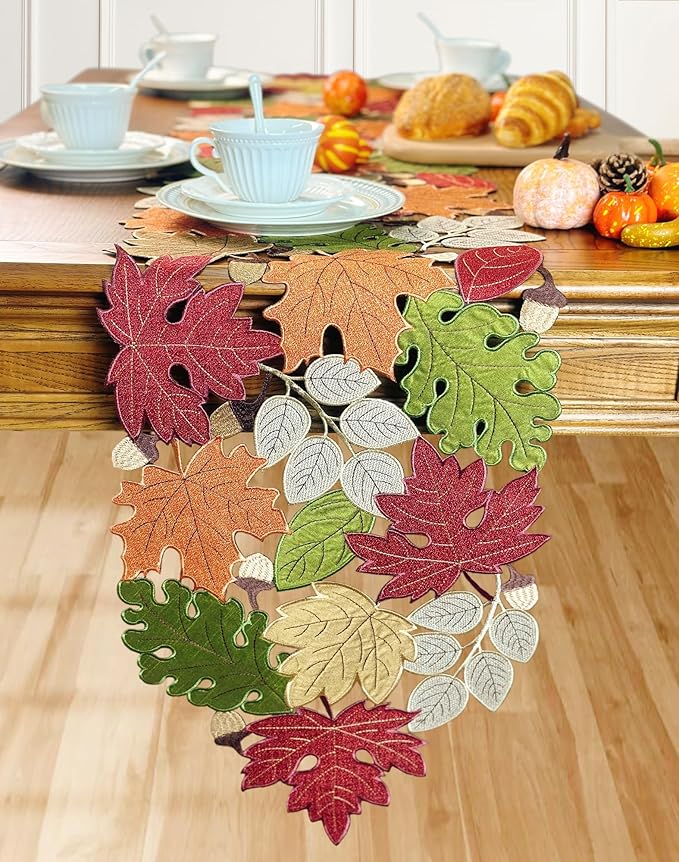 Fall Table Runner 54inches Long, Thanksgiving Harvest Cutwork Embroidered Table Runner 13in x 54in, Autumn Maple Leaves Table Decoration for Home Dining Kitchen Table