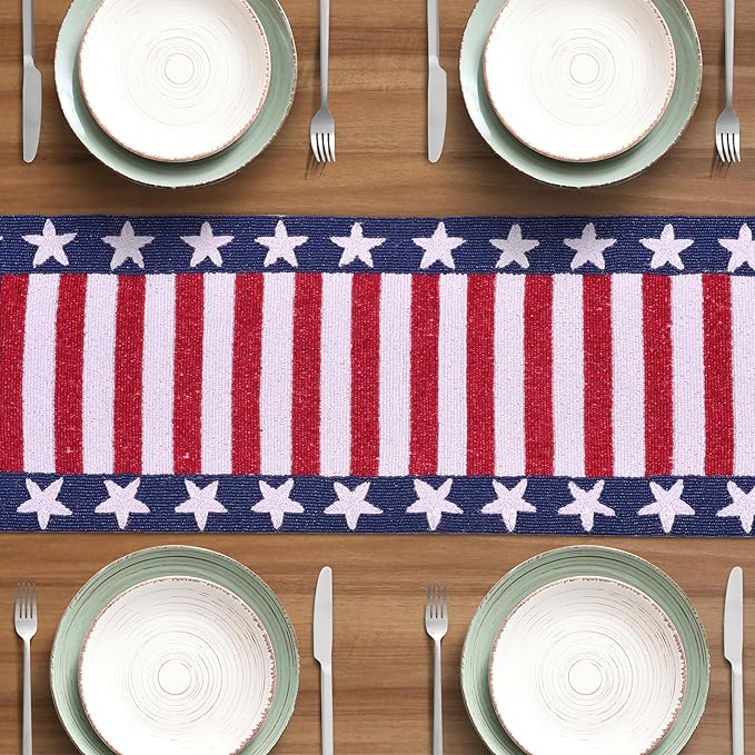 Decozen Patriotic Table Runner - 4th of July American Flag Freedom Stars Independence and Memorial Day for Holiday Kitchen Dining Table Home Decor - 13x35 Inches