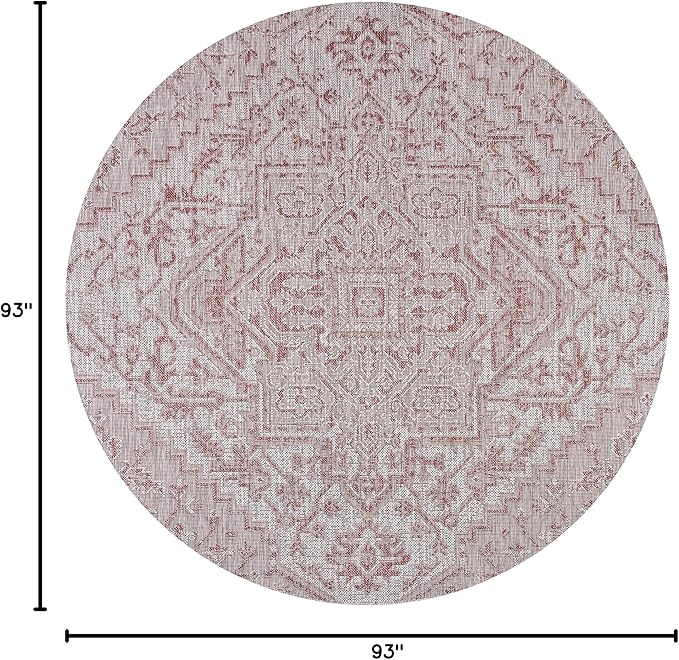 JONATHAN Y Boho Medallion Indoor Outdoor Round Area Rug 8 Ft Red/Taupe, Estrella Textured Weave for Backyard, Patio, Porch, Easy-Cleaning, High Traffic, Pet-Friendly, Non-Shedding (SMB105A-8R)