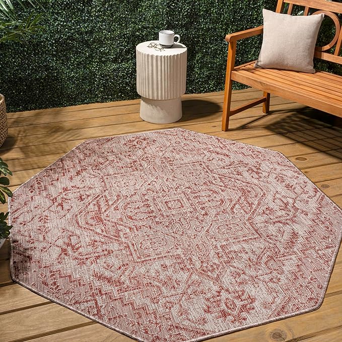 JONATHAN Y Boho Medallion Indoor Outdoor Octagon Area Rug 5 Ft Red/Taupe, Estrella Textured Weave for Backyard, Patio, Porch, Easy-Cleaning, High Traffic, Pet-Friendly, Non-Shedding (SMB105A-5TGN)