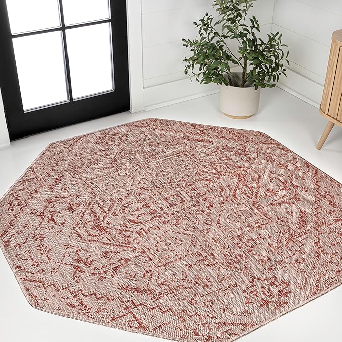 JONATHAN Y Boho Medallion Indoor Outdoor Octagon Area Rug 5 Ft Red/Taupe, Estrella Textured Weave for Backyard, Patio, Porch, Easy-Cleaning, High Traffic, Pet-Friendly, Non-Shedding (SMB105A-5TGN)