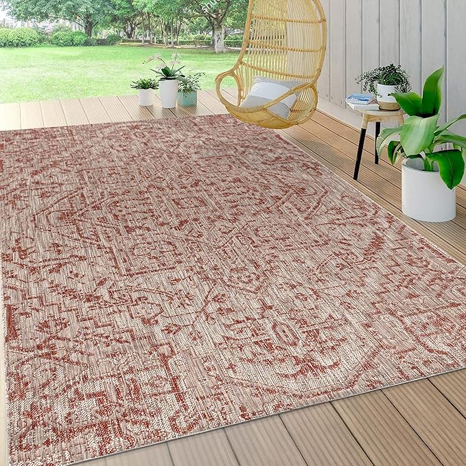 JONATHAN Y Boho Medallion Indoor Outdoor Area Rug 10X14 Red/Taupe, Estrella Textured Weave for Backyard, Patio, Porch, Easy-Cleaning, High Traffic, Pet-Friendly, Non-Shedding (SMB105A-14)