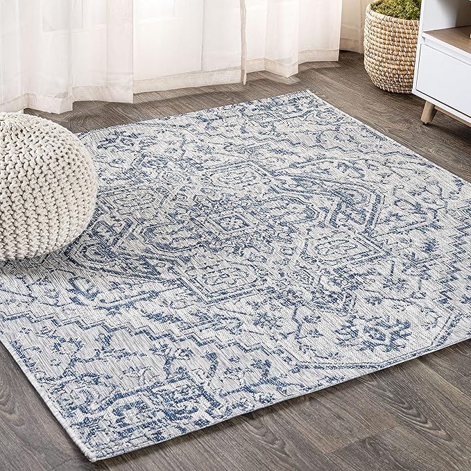JONATHAN Y Boho Medallion Indoor Outdoor Square Area Rug 3X3 Navy/Gray, Estrella Textured Weave for Backyard, Patio, Porch, Easy-Cleaning, High Traffic, Pet-Friendly, Non-Shedding (SMB105B-3SQ)