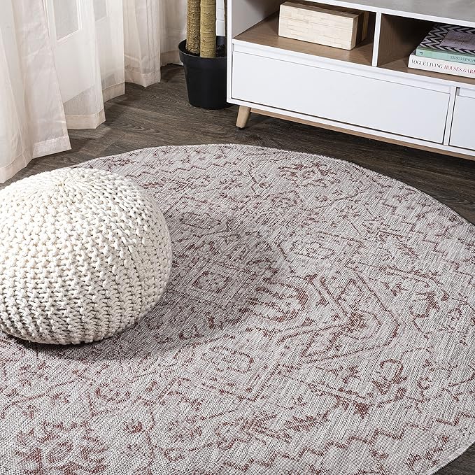 JONATHAN Y Boho Medallion Indoor Outdoor Round Area Rug 8 Ft Red/Taupe, Estrella Textured Weave for Backyard, Patio, Porch, Easy-Cleaning, High Traffic, Pet-Friendly, Non-Shedding (SMB105A-8R)