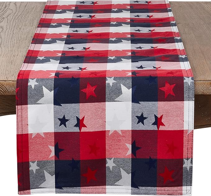 Red White and Blue Checkered with Stars Cotton/Polyester Blend Patriotic Table Runner, 16"x72" Rectangular - (1 Piece).